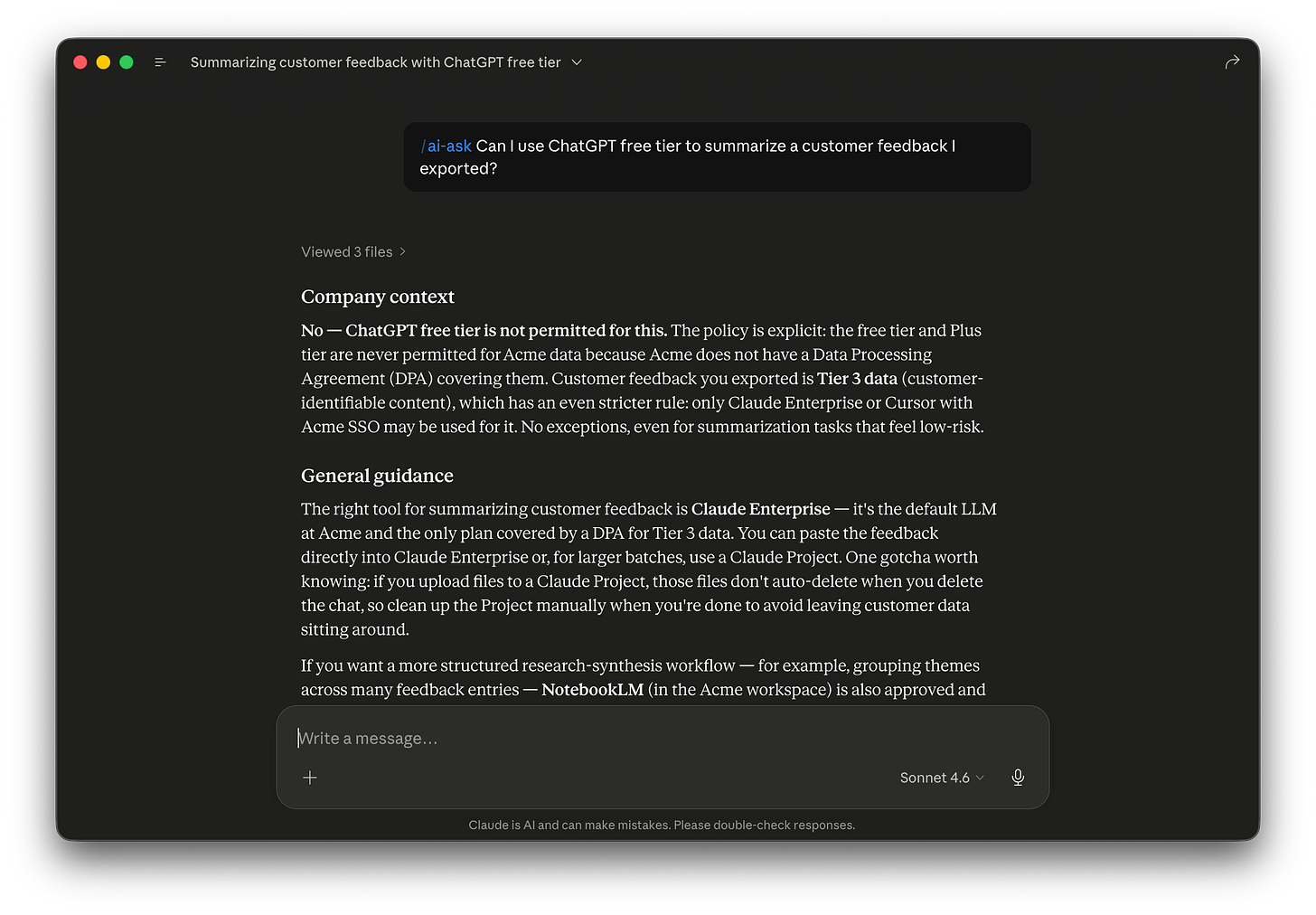 The full /ai-ask chat showing the question about ChatGPT free for customer feedback and the refusal answer in two parts: “Company context” leading with the No, then “General guidance” recommending Claude Enterprise as the default and explaining the Claude Projects file-retention gotcha.