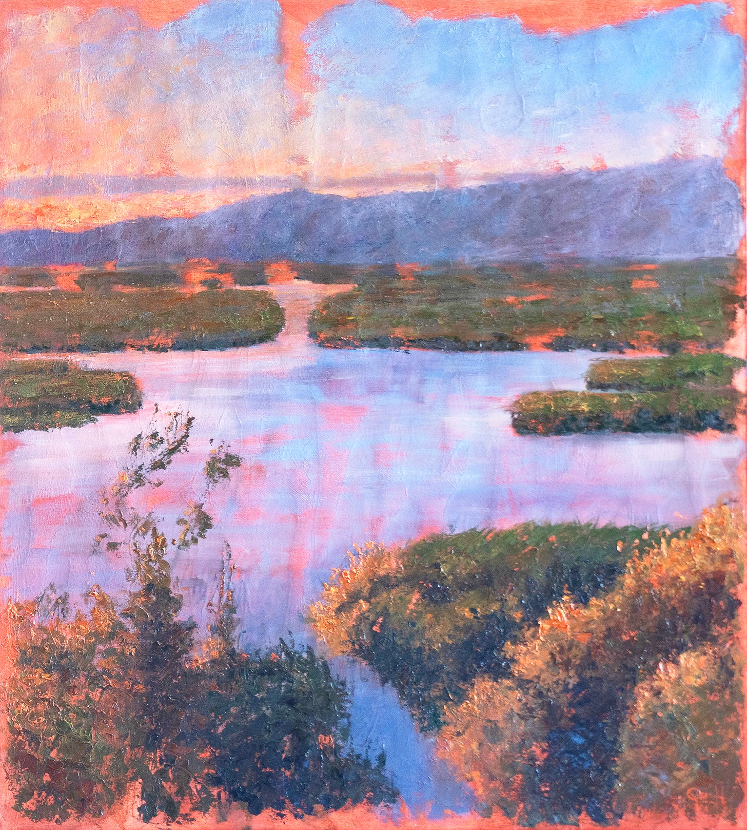 Detail of oil painting Tablas de Daimiel V by Deborah Scott: wetland sunset, Structural Omission, exposed Venetian red ground.