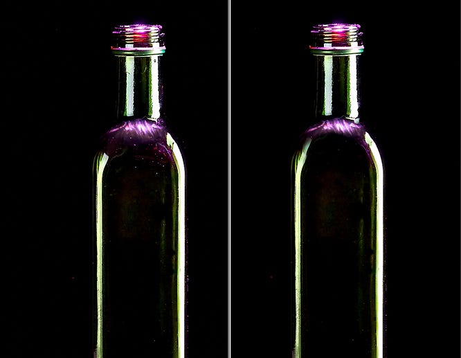 Before and after digital enhancements reveal a dust-free wine bottle, highlighting the clarity achieved through meticulous editing.