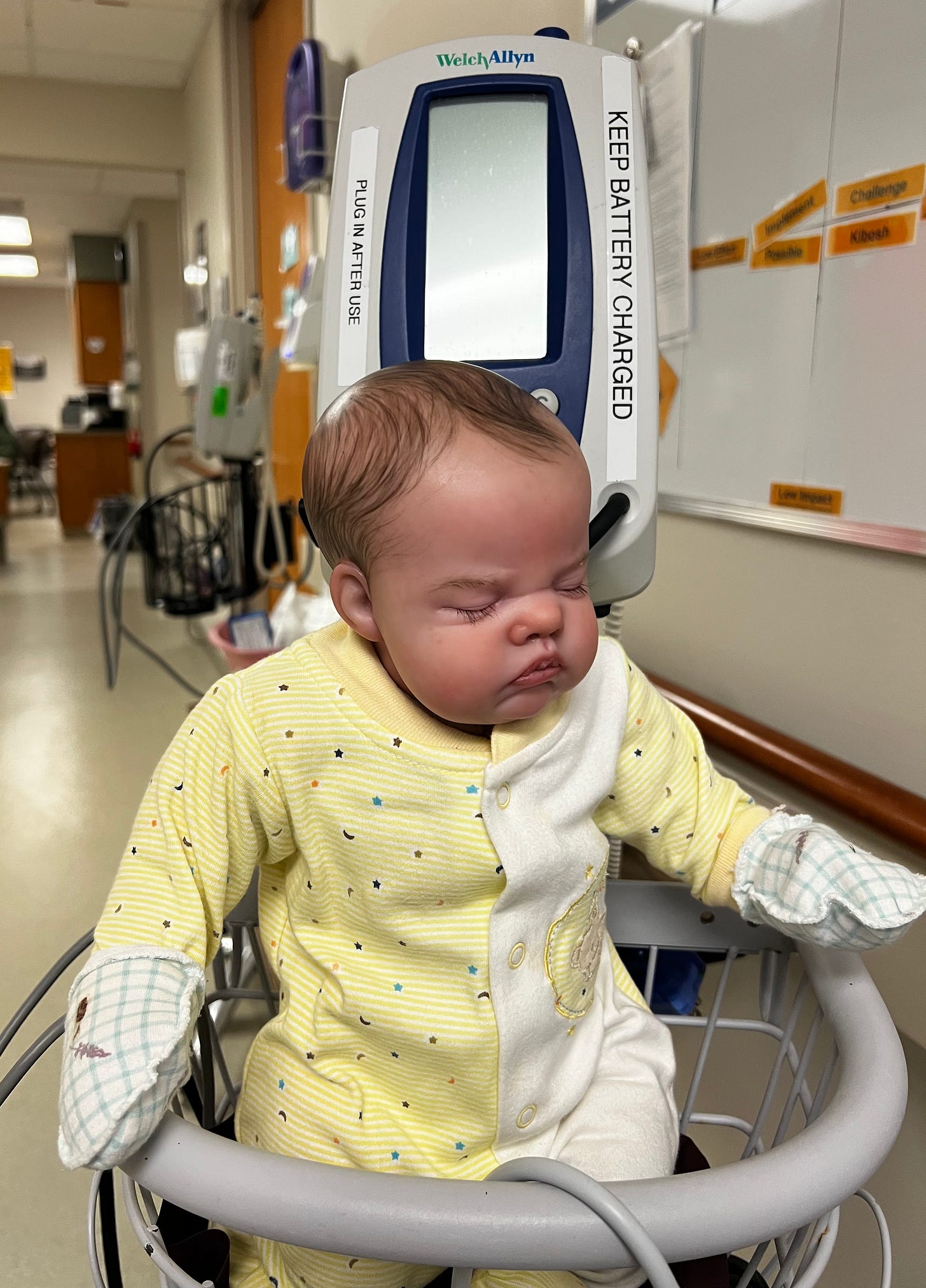 Life-like doll in the basket of a hospital machine in the hallway of the subacute ward.
