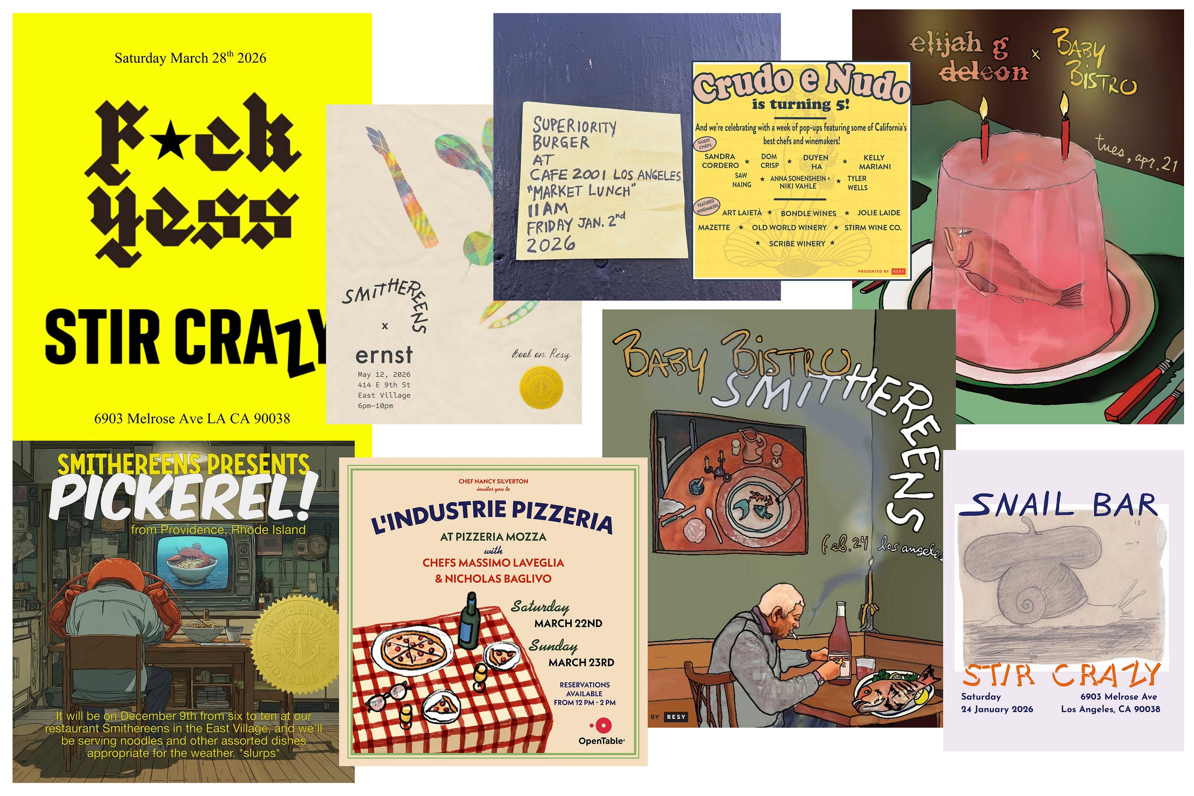 A collage of restaurant-on-restaurant pop-up posters