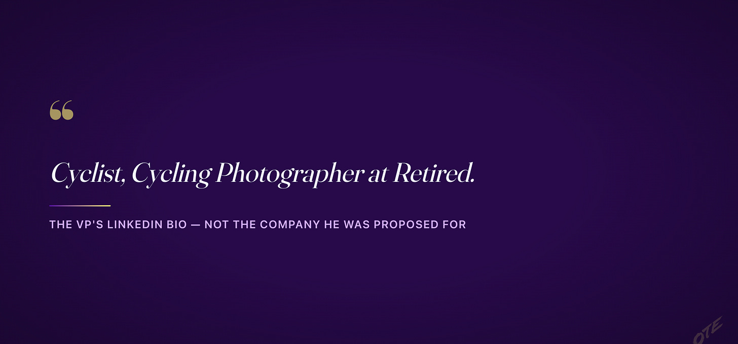 Quote card: "Cyclist, Cycling Photographer at Retired," the LinkedIn bio that unmasked a stale VP-of-engineering match Quote card: "Cyclist, Cycling Photographer at Retired," the LinkedIn bio that unmasked a stale VP-of-engineering match