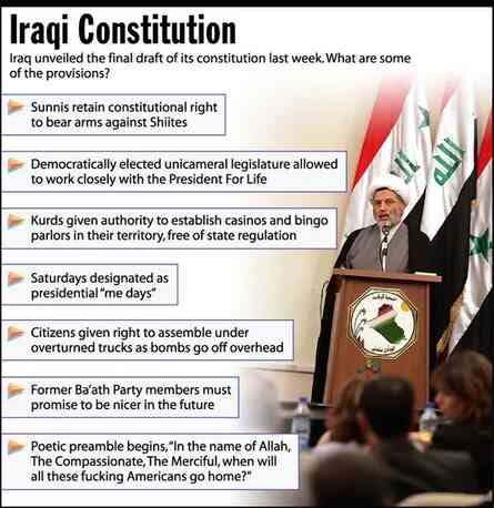 [Image shows a satirical news graphic titled "Iraqi Constitution" with subtitle "Iraq unveiled the final draft of its constitution last week. What are some of the provisions?" with a photograph of an Iraqi official at a podium with Iraqi flags]  Sunnis retain constitutional right to bear arms against Shiites;  Democratically elected unicameral legislature allowed to work closely with the President For Life;  Kurds given authority to establish casinos and bingo parlors in their territory, free of state regulation;  Saturdays designated as presidential "me days";  Citizens given right to assemble under overturned trucks as bombs go off overhead;  Former Ba'ath Party members must promise to be nicer in the future;  Poetic preamble begins, "In the name of Allah, The Compassionate, The Merciful, when will all these fucking Americans go home?"