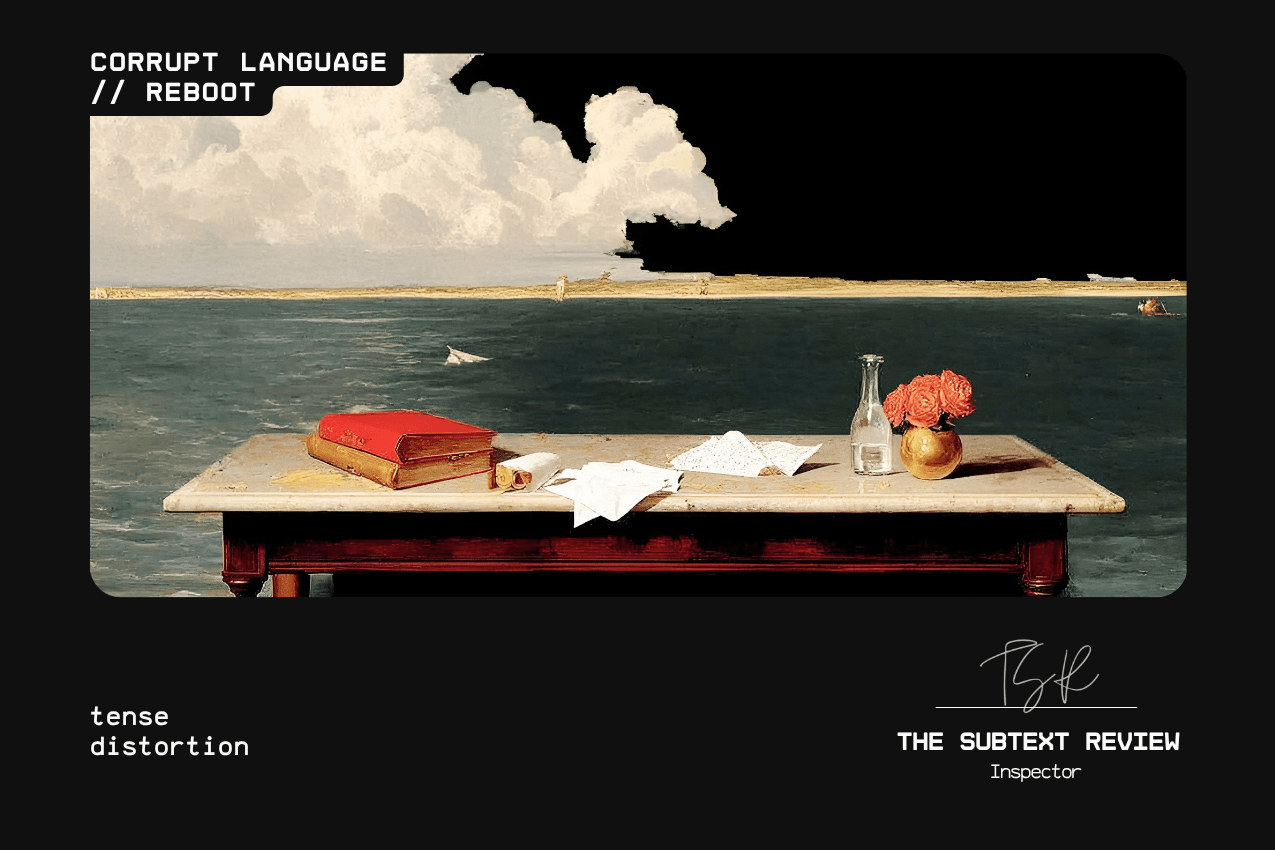 A surreal landscape painting where a heavy wooden desk sits atop a dark sea under a dramatic, bifurcated sky of white clouds and solid black. On the desk are two red books, scattered papers, and a vase of orange roses. Below, the text reads "tense distortion." Part of the Corrupt Language // Reboot series at The Subtext Review. A surreal landscape painting where a heavy wooden desk sits atop a dark sea under a dramatic, bifurcated sky of white clouds and solid black. On the desk are two red books, scattered papers, and a vase of orange roses. Below, the text reads "tense distortion." Part of the Corrupt Language // Reboot series at The Subtext Review.