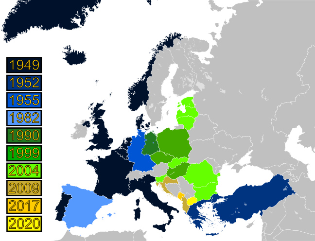 A map of Europe with eight colors that refer to the year different countries joined the alliance.