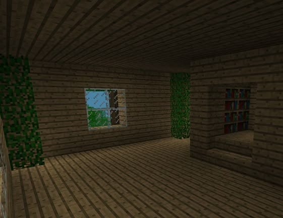 This may contain: an empty room with two windows in the wall and wood flooring on the walls