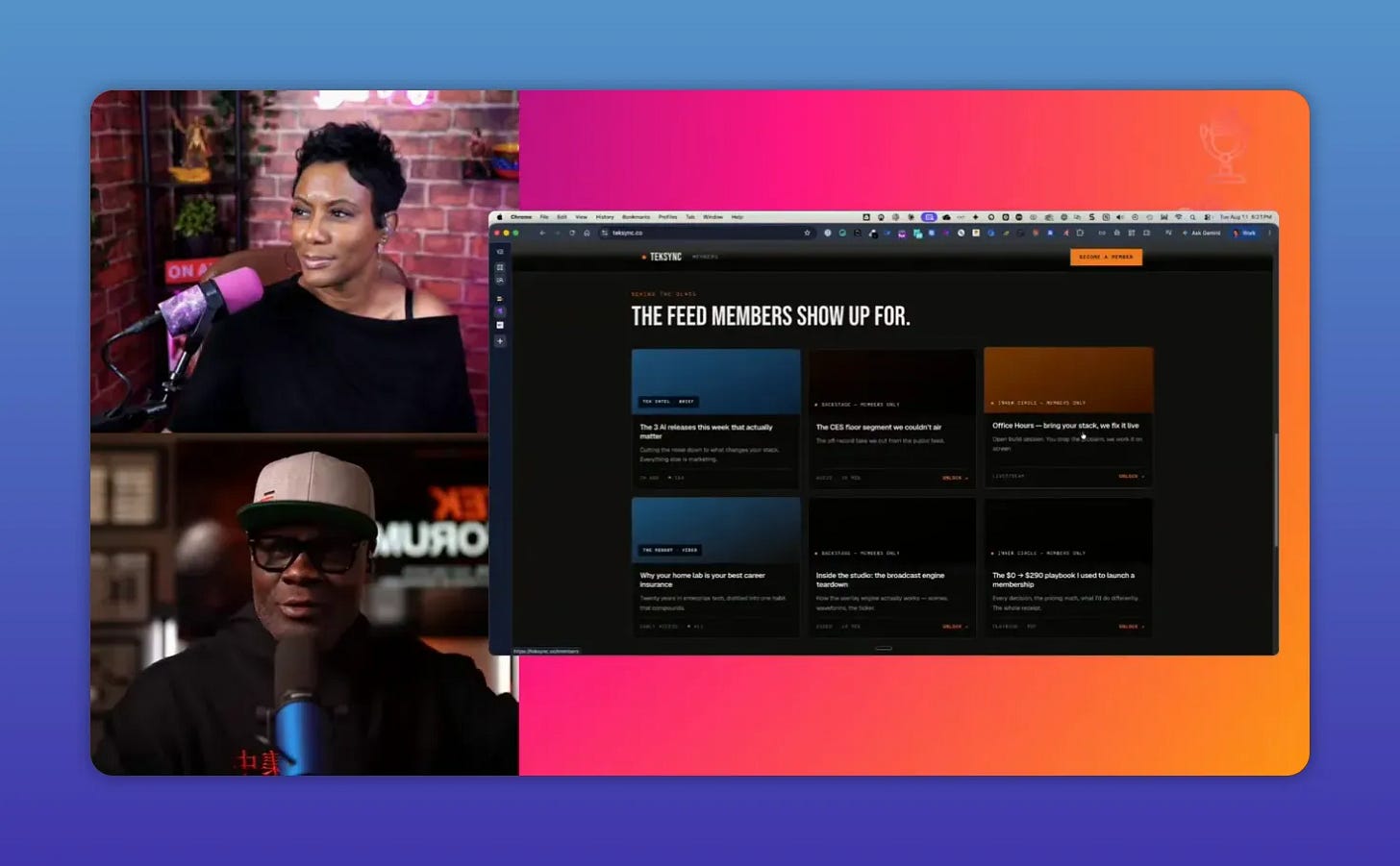 Dark platform dashboard with rows of blue and orange content cards