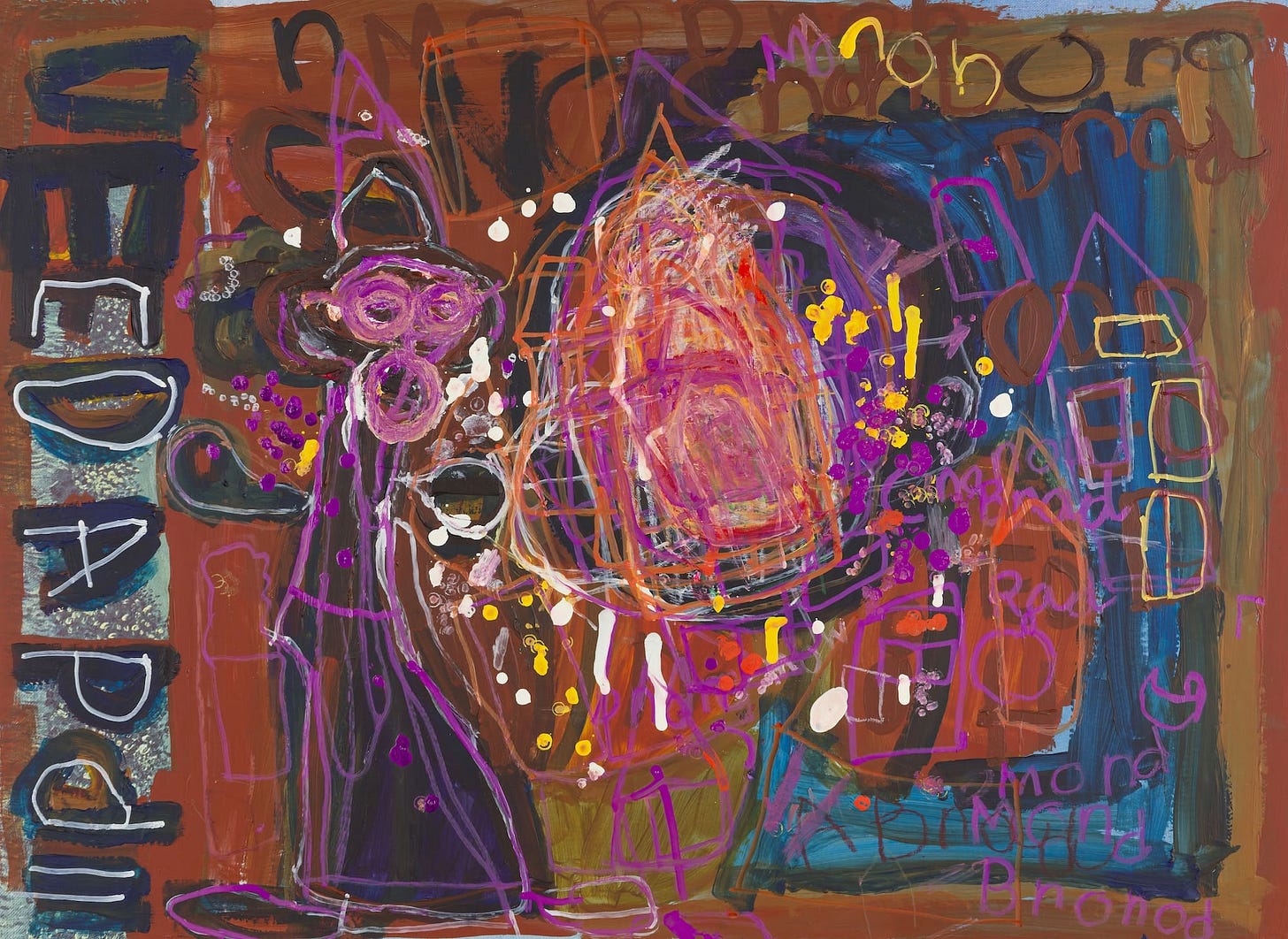 A vividly painted composition featuring a stylized figure in purple and pink on the left, facing an orange and red abstract form in the center. Surrounding the scene are layered text fragments, graphic house shapes, and gestural lines in bold, electric colors. The piece reflects Brandon Spicer-Crawley’s dynamic, improvisational style.