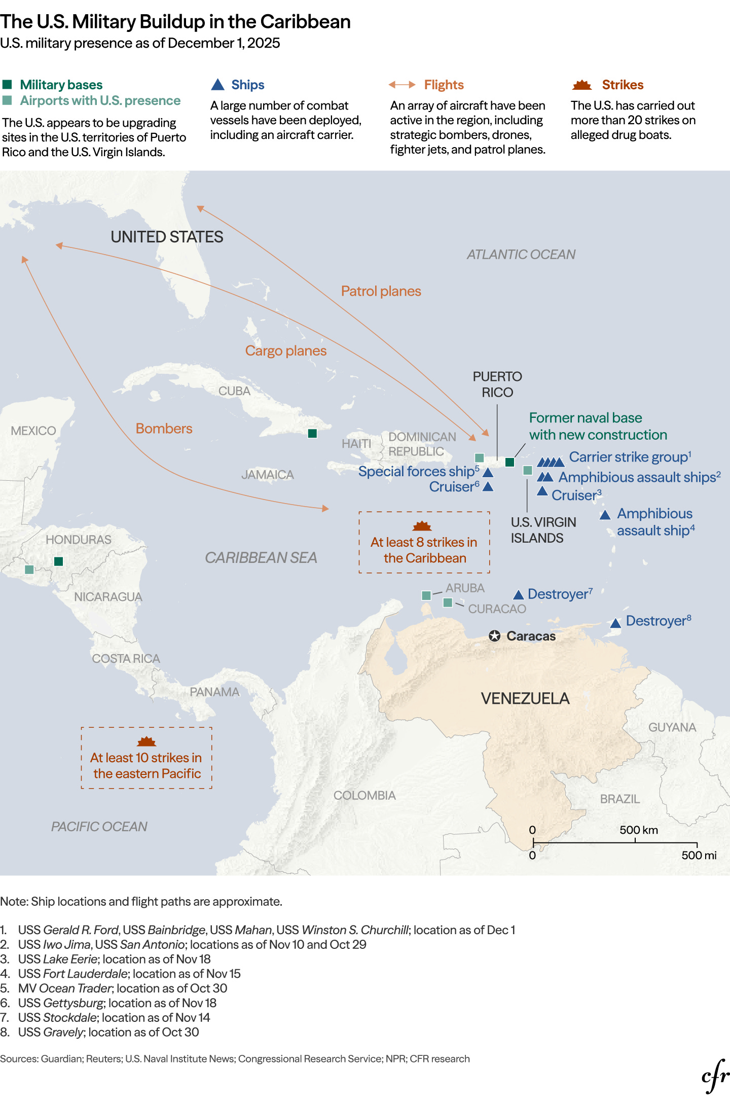 A map of U.S. military deployments in the Caribbean showing significant numbers of assets deployed near Venezuela