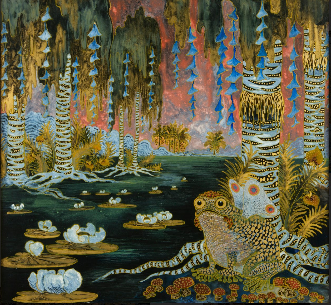 painting of a riverbank with willow trees, lilies, palm fronds, mushrooms, and a funky frog with butterfly wings, by Michalina Janoszanka painting of a riverbank with willow trees, lilies, palm fronds, mushrooms, and a funky frog with butterfly wings, by Michalina Janoszanka