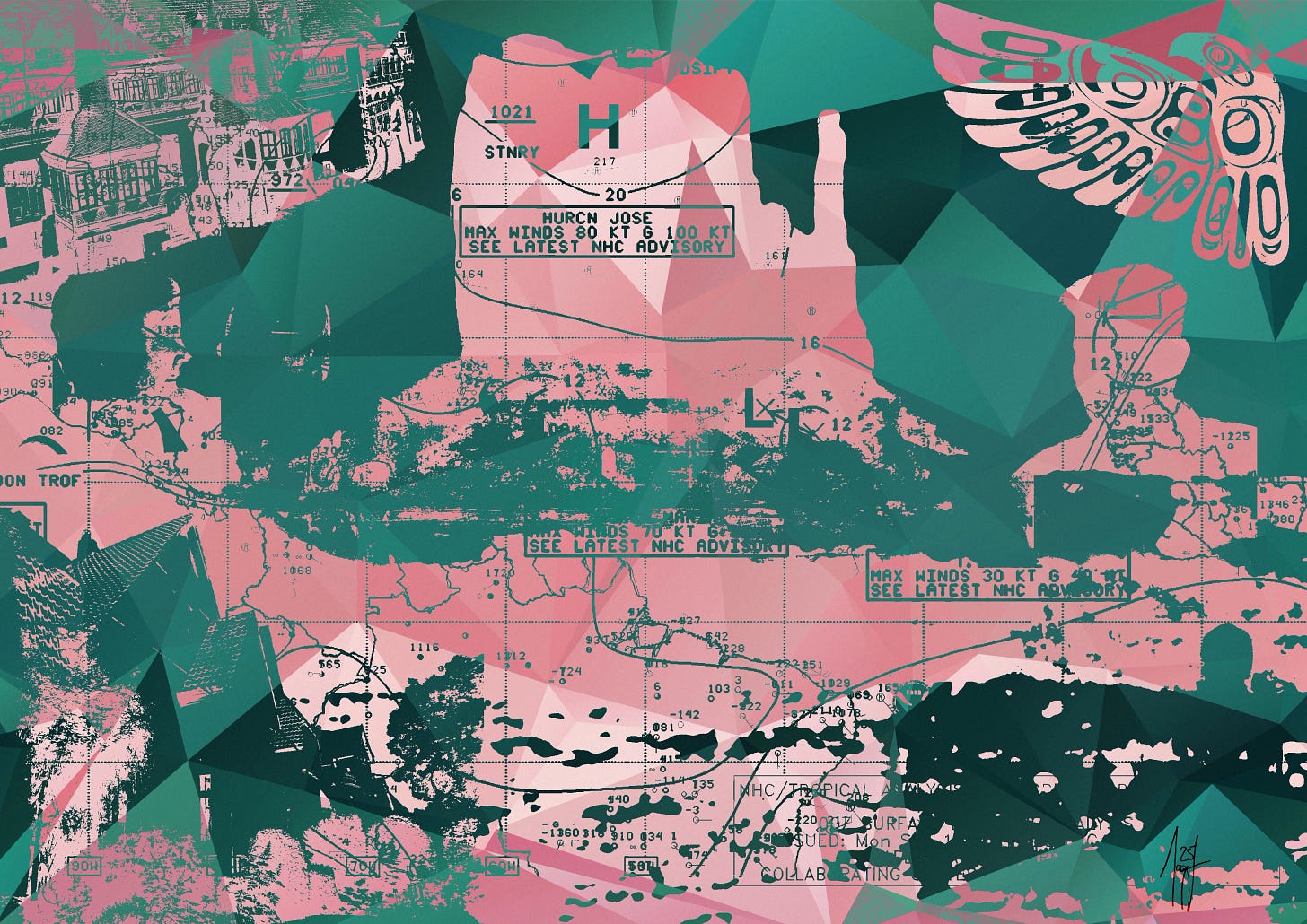 Duotone digital collage using flat pink and green tones. Includes: the Einbeck town hall (top left), Jay and their late partner (middle left), Jay’s house (lower left), Monument Valley and Table Mountain overlay (center), Jay’s portrait (middle right), the Buddha (bottom right), and a stylized Thunderbird (top right). A weather map overlays the entire composition with sharp contrast, creating a flattened, graphic effect.