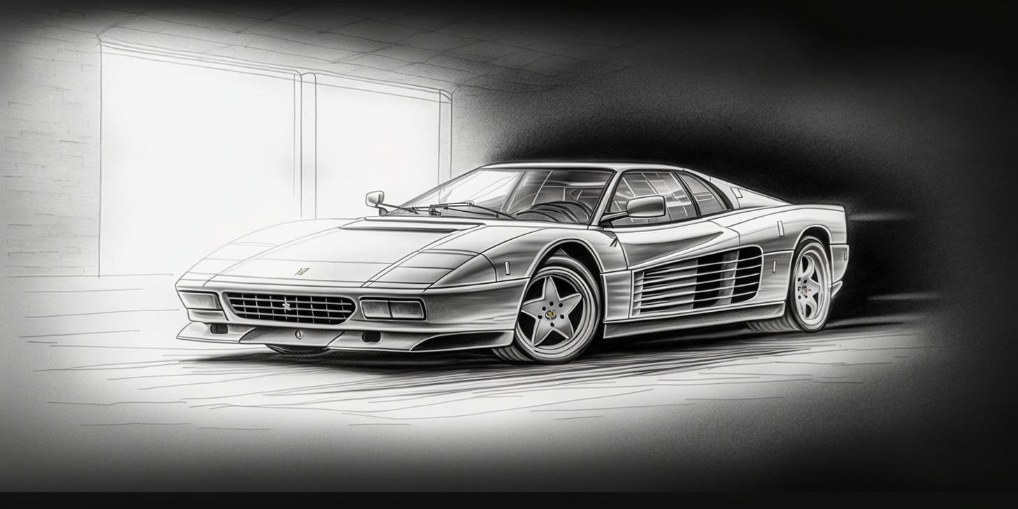 Editorial style photo, low angle camera shot, Ferrari Testarossa 1986, empty white void, overhead lighting, dramatic lighting, sleek, powerful, luxury, 8k, style: black and white pencil sketch Editorial style photo, low angle camera shot, Ferrari Testarossa 1986, empty white void, overhead lighting, dramatic lighting, sleek, powerful, luxury, 8k, style: black and white pencil sketch