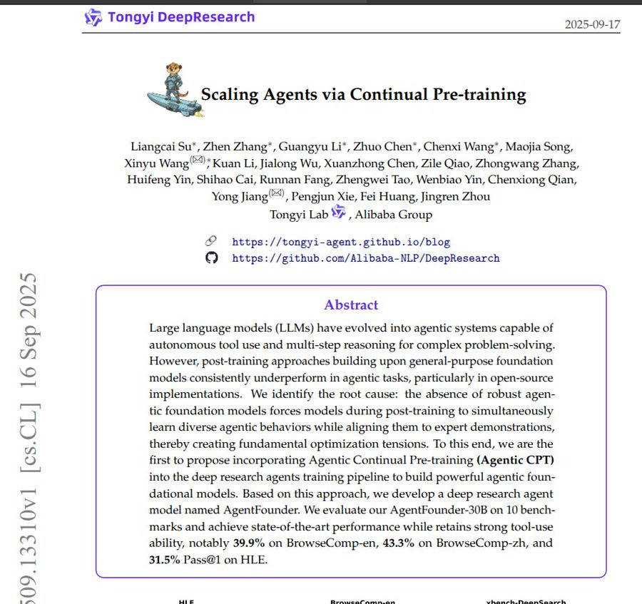 A research paper cover page titled "Scaling Agents via Continual Pre-training" with text mentioning Tongyi Lab and Alibaba. A cartoon character in a blue outfit with a white hat is visible at the top. The date "2025-09-17" and a URL "arxiv.org/abs/2509.13310" are present.