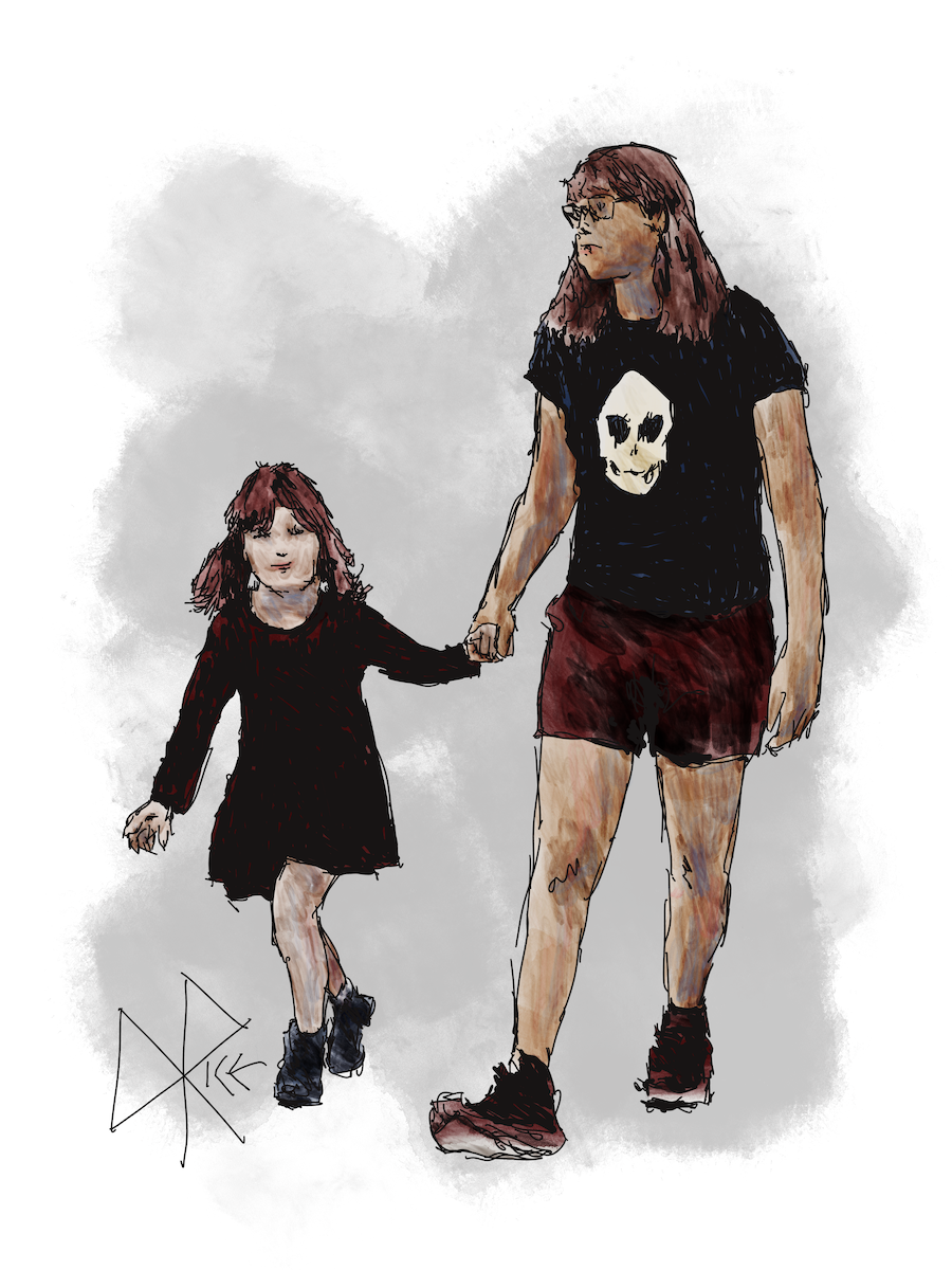 Skipping along happily with a somewhat mischievous grin on her face, Sparkle holds tightly to the strong hand of the older and wiser Sombre. Sketch art by Don Rice. Skipping along happily with a somewhat mischievous grin on her face, Sparkle holds tightly to the strong hand of the older and wiser Sombre. Sketch art by Don Rice.