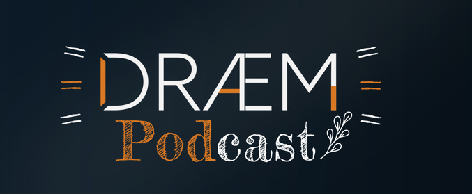 draem logo with podcast test image, dark blue background, and orange accented colors 