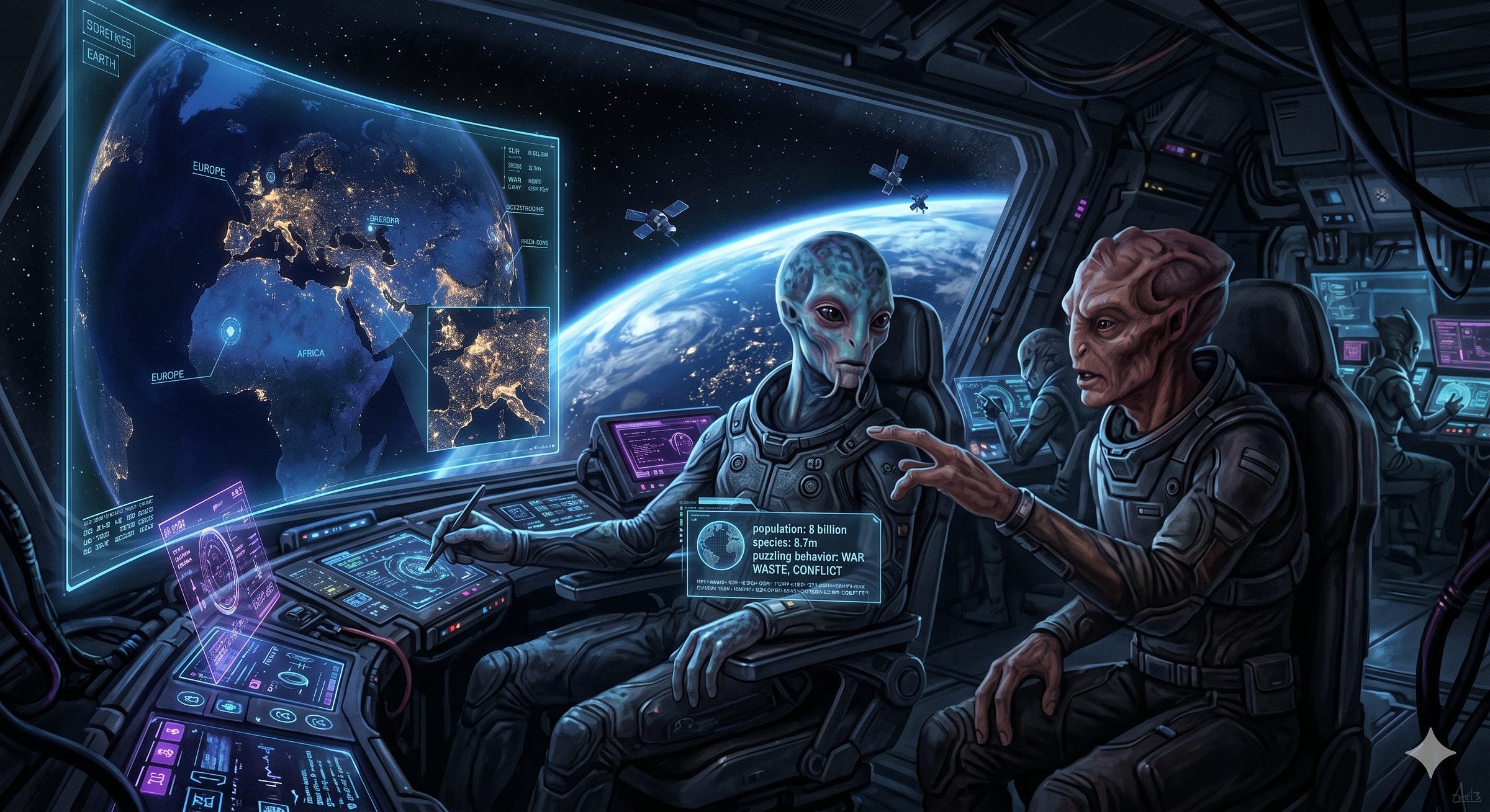 Gemini created a picture of Dave & Fred, alien anthropologists observing Earth. Gemini created a picture of Dave & Fred, alien anthropologists observing Earth.