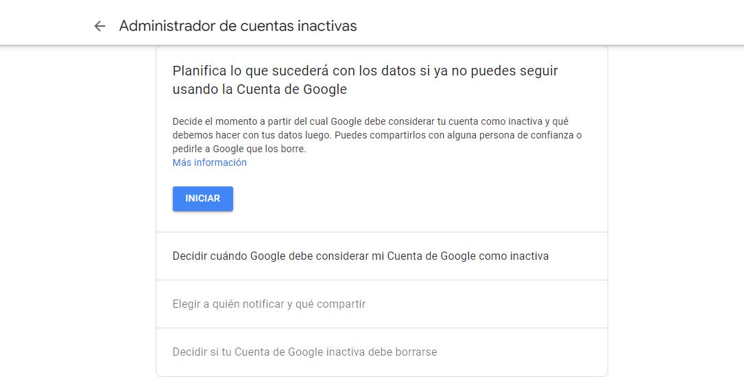 Captura de pantalla tomada del Administrador de cuentas inactivas de Google. Captura de pantalla tomada del Administrador de cuentas inactivas de Google.