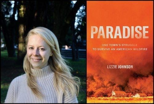 Lizzie Johnson and the cover of her book, “Paradise”