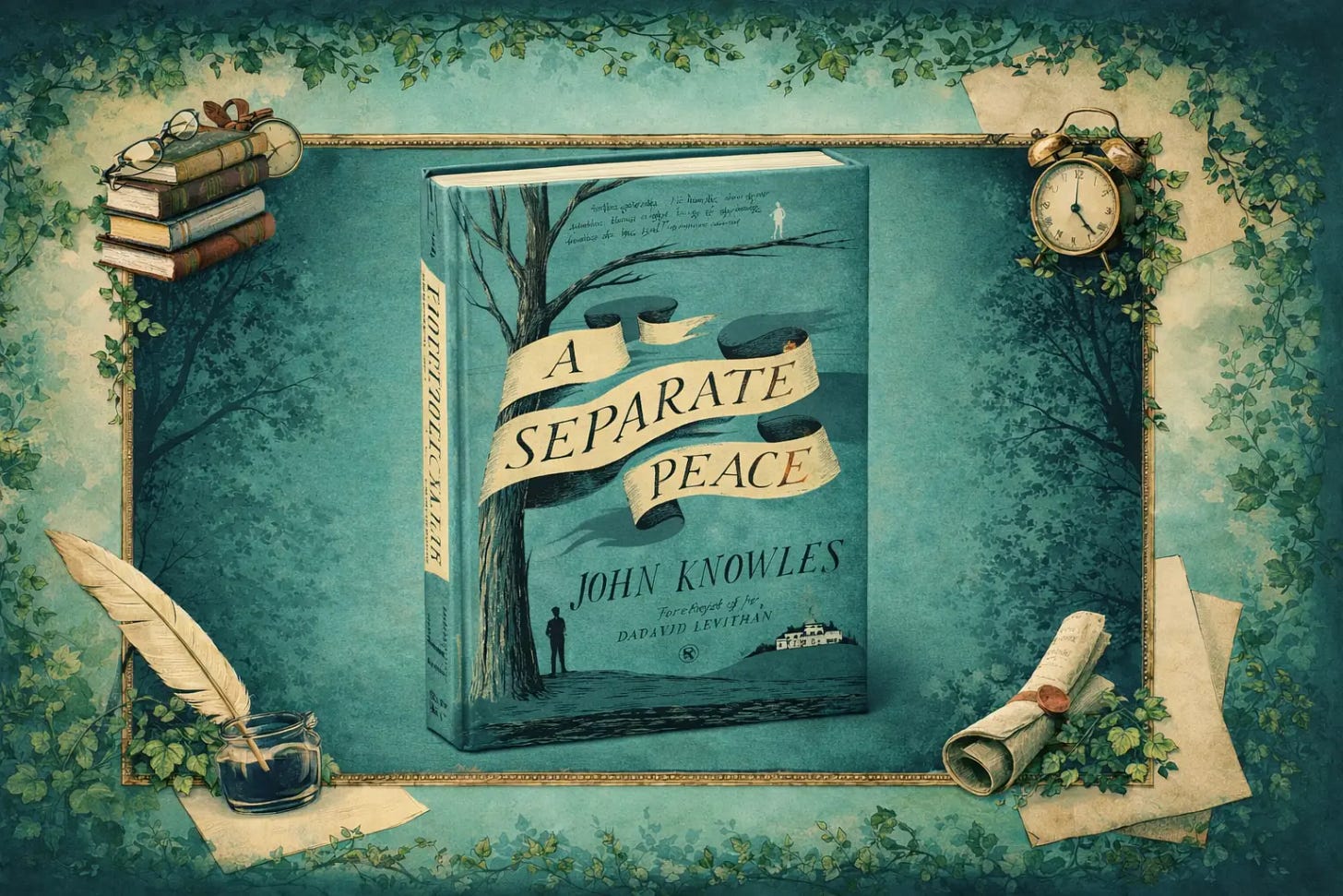 Book cover of A Separate Peace by John Knowles, featuring a tree with a ribbon-like banner bearing the title and a small figure standing below.