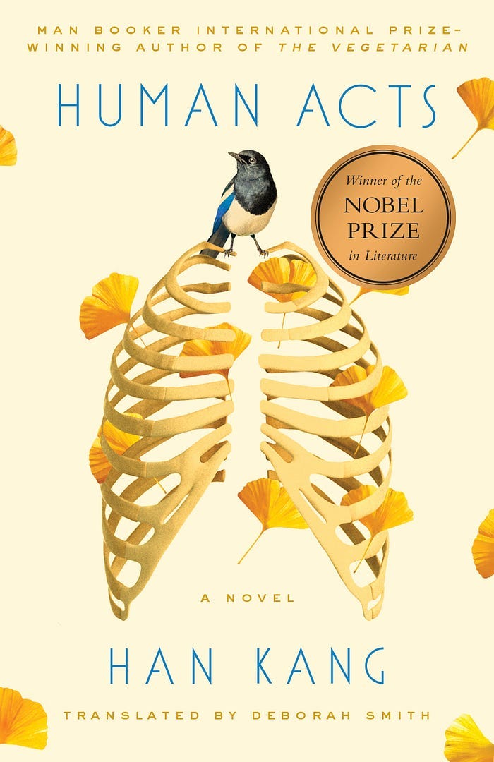 The cover image for Han Kang’s ‘Human Acts.’ A bird sitting on top of a rib cage on which yellow petals are floating.