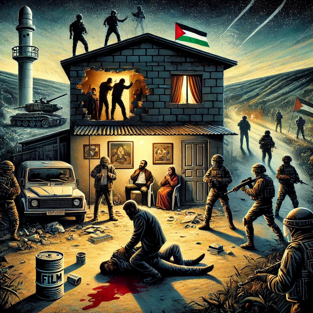 A symbolic and emotional artistic poster showing a Palestinian filmmaker being arrested by soldiers in a West Bank village at night, after masked settlers attacked his home. The scene includes broken windows, a damaged water tank, and frightened family members in a dimly lit rural area. The filmmaker is shown injured, with blood on the ground. In the background, masked settlers and armed soldiers are visible. The style is expressive, painterly, and dramatic, with a focus on injustice, resistance, and the power of storytelling through film. The poster includes film elements like a camera or film reel subtly blended into the composition. A symbolic and emotional artistic poster showing a Palestinian filmmaker being arrested by soldiers in a West Bank village at night, after masked settlers attacked his home. The scene includes broken windows, a damaged water tank, and frightened family members in a dimly lit rural area. The filmmaker is shown injured, with blood on the ground. In the background, masked settlers and armed soldiers are visible. The style is expressive, painterly, and dramatic, with a focus on injustice, resistance, and the power of storytelling through film. The poster includes film elements like a camera or film reel subtly blended into the composition.