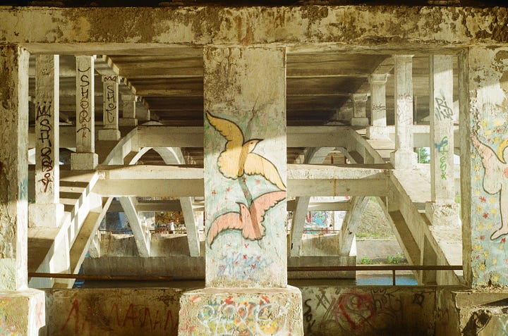 woman holding flags, pillars with picture of doves