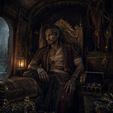 Arturi Radanavich seated in Luvash’s treasure wagon; dim lantern light; wooden throne inlaid with gold; bandaged torso and head; dark hair streaked with gray; sunken sharp eyes; treasure chests and onyx jewelry box nearby; mist curling at doorway; Barovian Gothic atmosphere; original face with no resemblance to real people