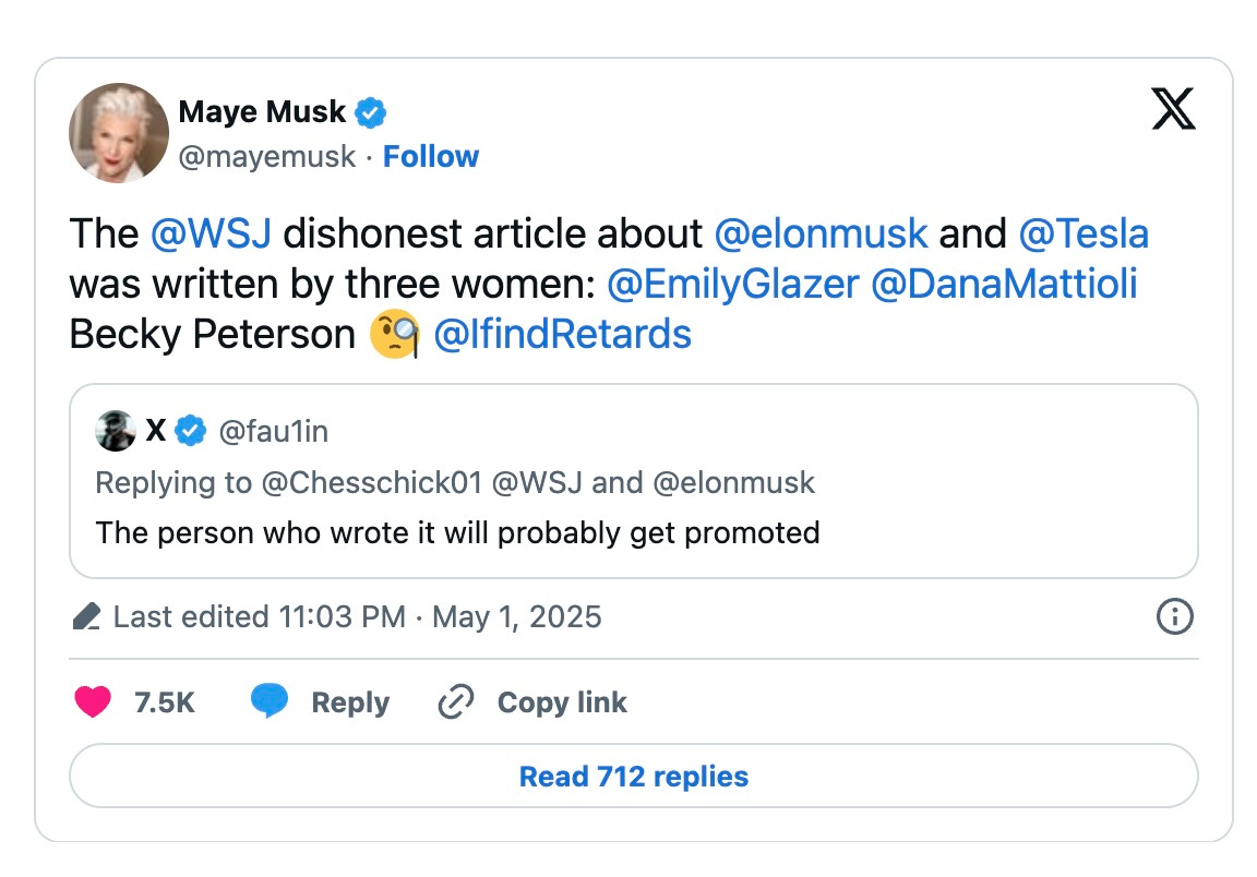   The @WSJ dishonest article about @elonmusk and @Tesla was written by three women: @EmilyGlazer @DanaMattioli Becky Peterson @IfindRetards