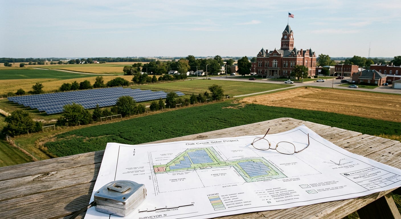 A site map for a rural solar farm rests on a wooden table in the foreground, with rolling green agricultural land, a screened solar array, and a distant historic county courthouse in the background under natural daylight.