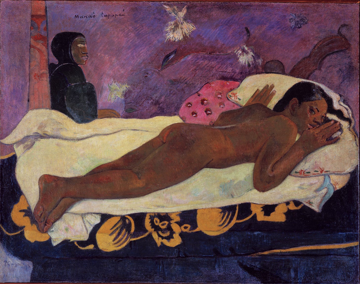 Gauguin's Spirit of the Dead Watching, a young Tahitian woman on a bed as a spirit looks on Gauguin's Spirit of the Dead Watching, a young Tahitian woman on a bed as a spirit looks on