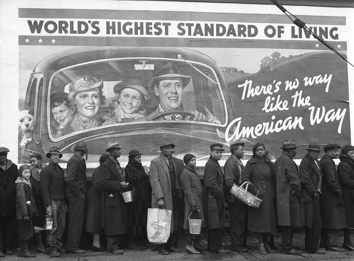 Food Line from the Great Depression with the billboard: "World's Highest Standard of Living - There's No Way like the American Way" in the background