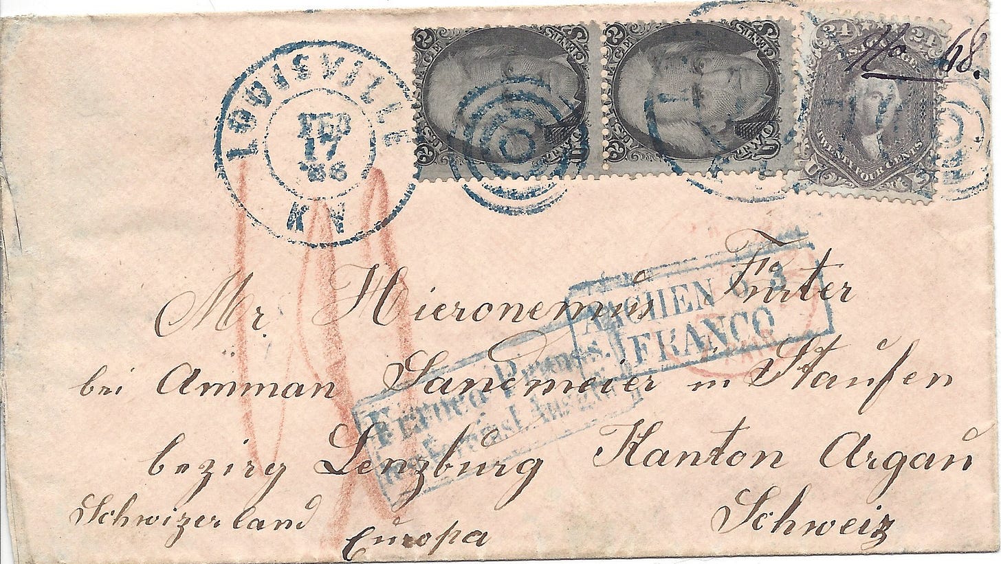 1866 envelope from the US to Switzerland
