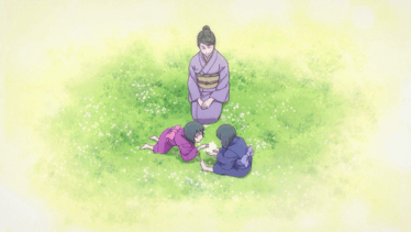 a woman in a kimono sits in a field with two children