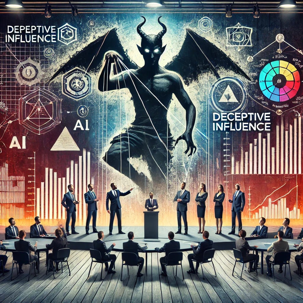 A symbolic depiction showing a powerful, shadowy figure resembling Satan, with an aura of deception, holding strings that control people in business suits who are enthusiastically discussing complex topics with charts and graphs around them. The background shows a futuristic city with elements of AI and technology. The stage has an atmosphere of manipulation and control, with the title 'Deceptive Influence' in bold, dark font. The scene conveys the idea of hidden, malevolent influence shaping the enthusiastic but superficial discussions of the individuals on stage.