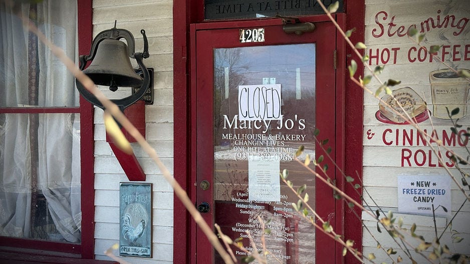 The Closed sign posted on the front of Marcy Jo's Mealhouse and Restaurant after the January 2024 winter snow and ice storms