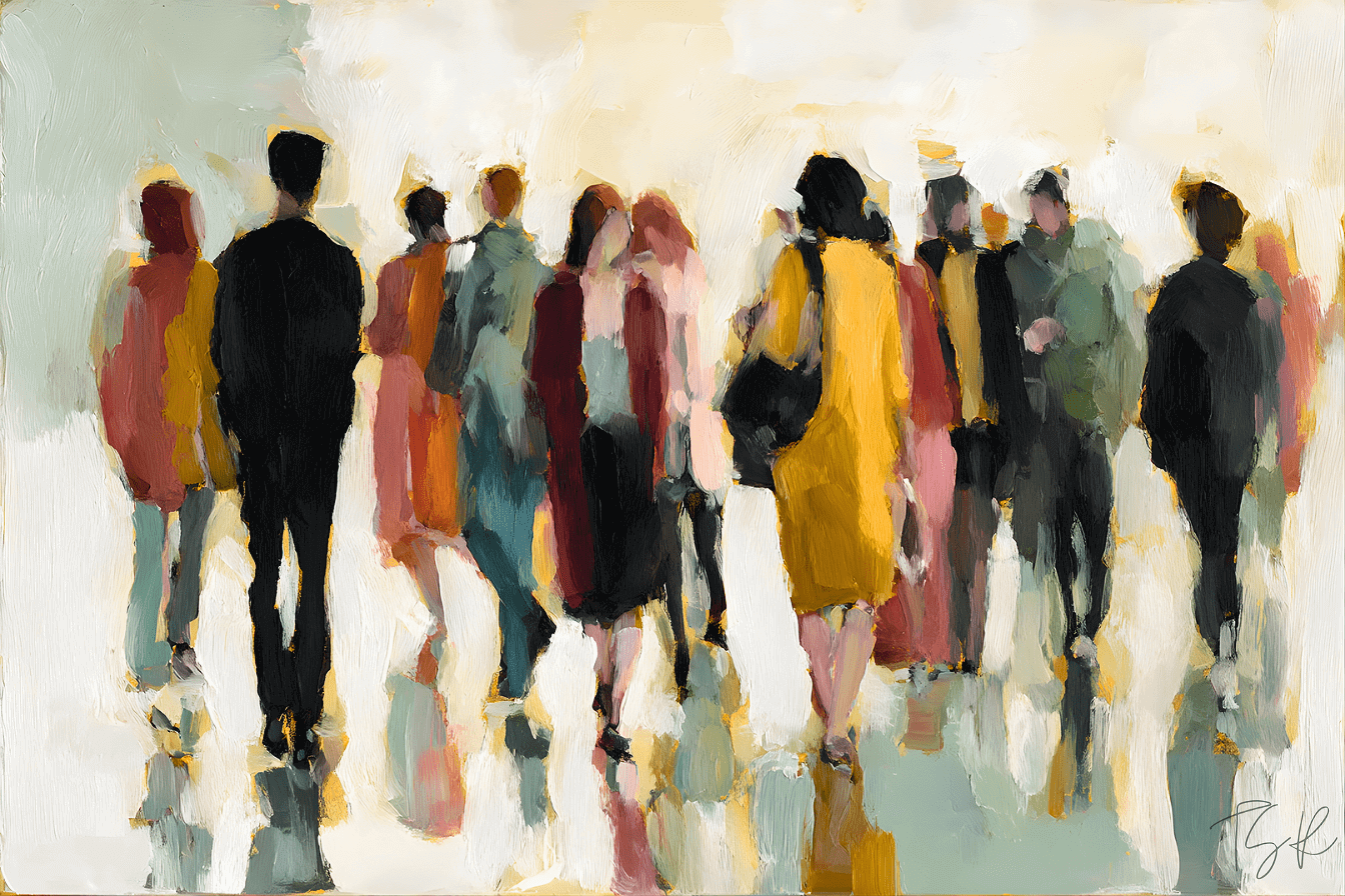 In a bright, nondescript space, people walk both ways; one woman glances at another, suggesting attention and perception, in soft painterly light. In a bright, nondescript space, people walk both ways; one woman glances at another, suggesting attention and perception, in soft painterly light.