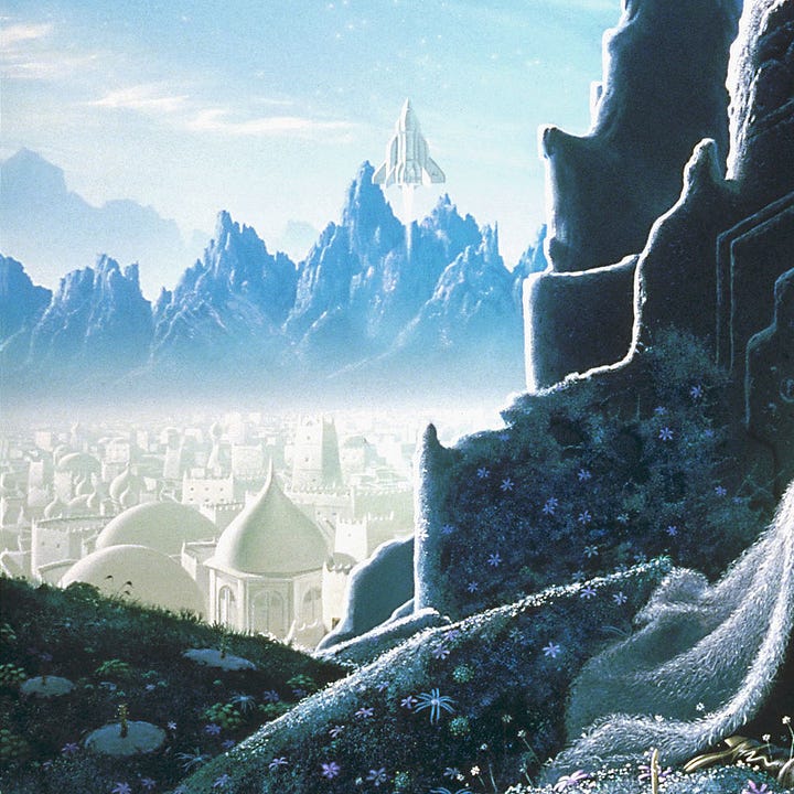 LEFT: Figure detail from GOLDEN WITCHBREED featuring a human female and alien male kneeling shoulder to shoulder as their fingers intertwine. They each press their eyes closed as if they're connecting on a deeper level.  RIGHT: Background detail from GOLDEN WITCHBREED featuring the city in the background filled with a mix of onion domes and flat, crenelated buildings. Beyond are jagged mountains and a spaceship taking off into blue skies.