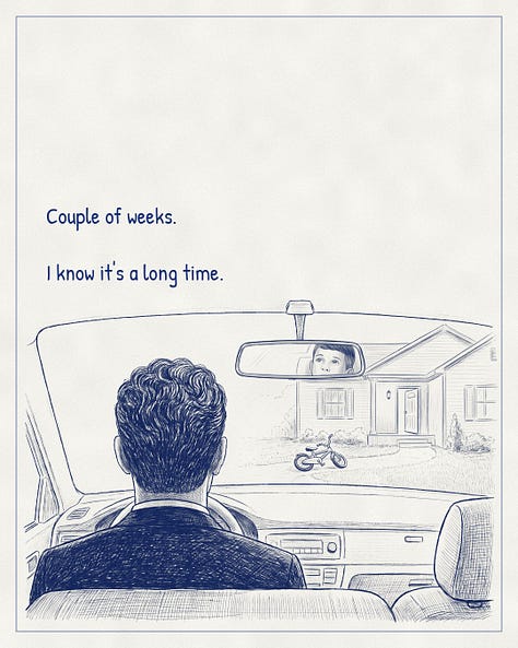 Blue-ink illustration. Father and son keep talking on the drive; the boy asks when he sleeps at Dad's.