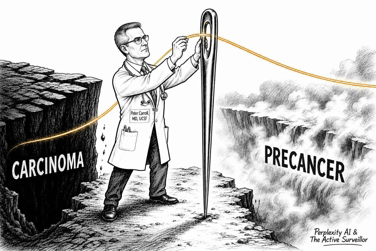 A black-and-white editorial cartoon of Dr. Peter Carroll threading a 'PRECANCER' needle over a 'CARCINOMA' pit, with his name on his coat.