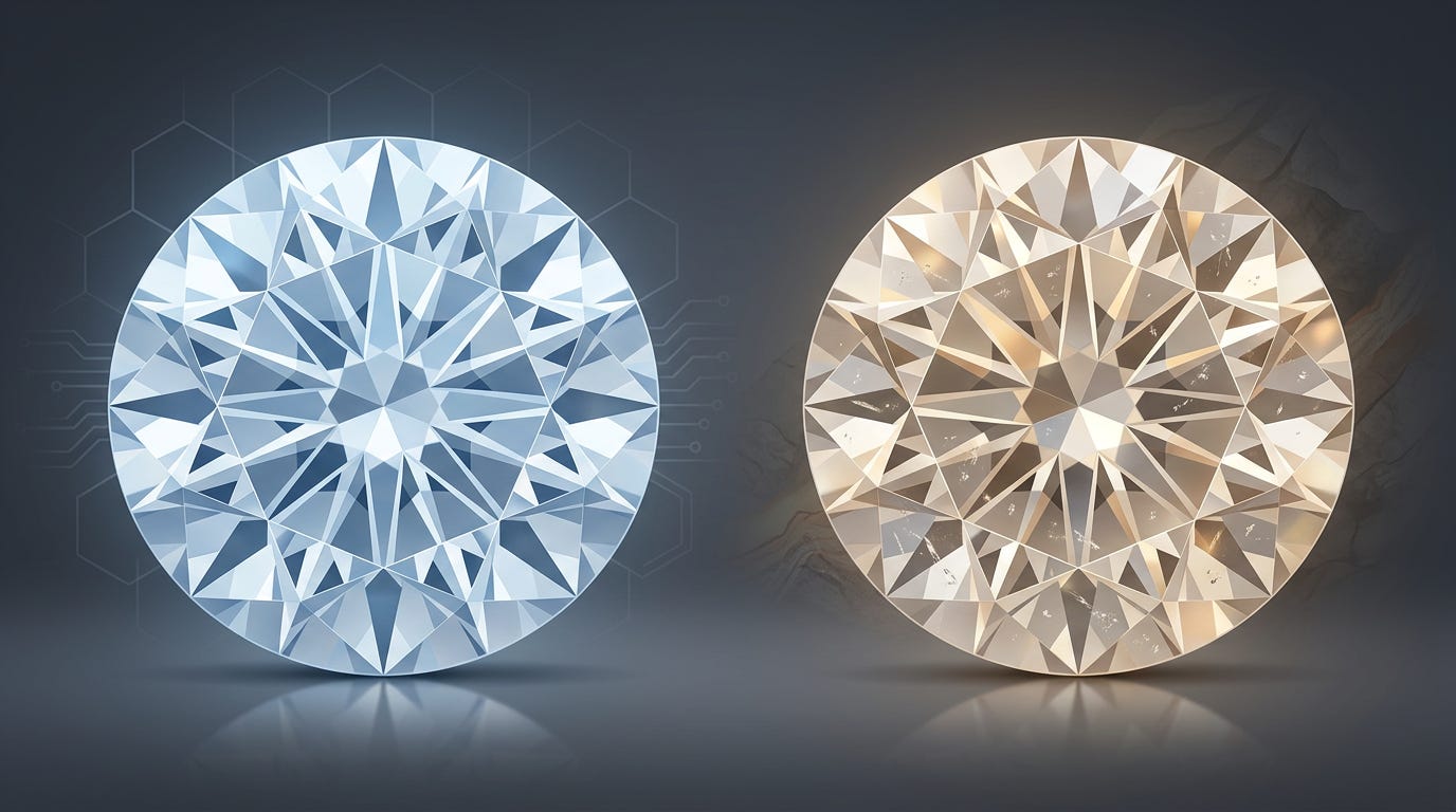 Two contrasting diamonds, one flawless lab-grown and one imperfect but natural, with no text or people. Two contrasting diamonds, one flawless lab-grown and one imperfect but natural, with no text or people.