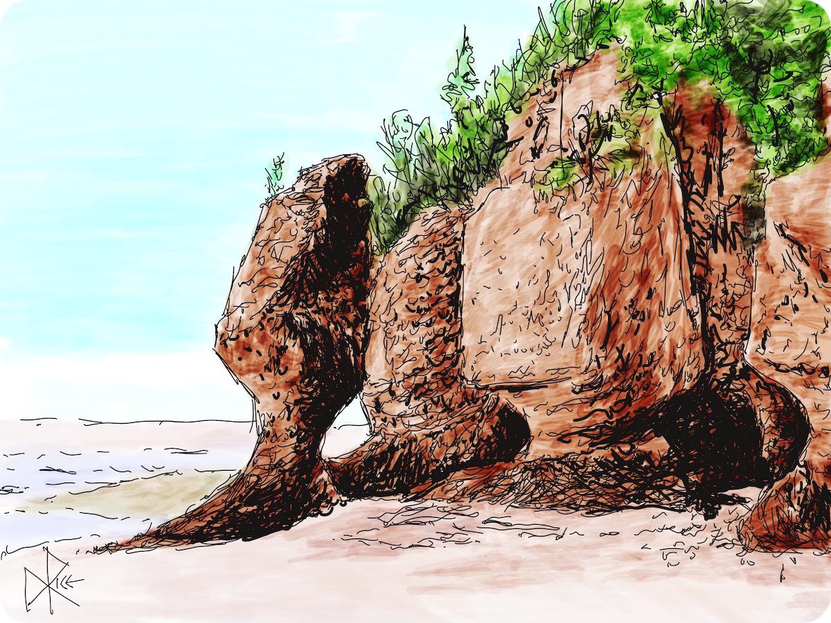 At Hopewell Rocks, in the Canadian province of New Brunswick, low tide fully exposes the eroded ‘flowerpot’ formations that stand in water or on dry land, depending on the time of day. Sketch art by Don Rice.
