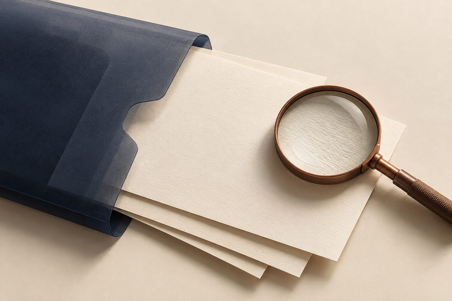 Illustration of blank ivory sheets, a navy folder and a copper magnifying glass.