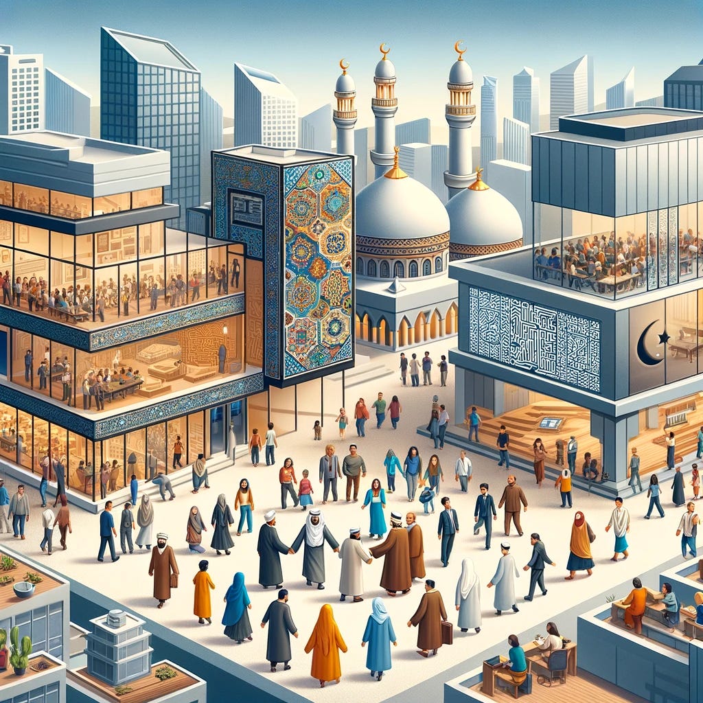 Illustrate a peaceful coexistence between Islam and secularism. The scene depicts a modern cityscape, with architecture blending traditional Islamic designs with contemporary structures. In the foreground, a diverse group of people from different backgrounds and beliefs are engaging in a friendly dialogue, sharing ideas and learning from each other. The atmosphere is one of harmony and mutual respect, symbolizing the possibility of balance between religious values and secular principles. Include elements such as a mosque with a minaret next to a modern public building, people wearing traditional and modern attire, and symbols of education and technology.