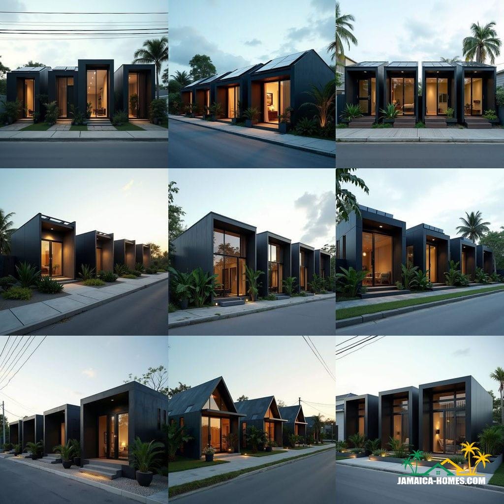 A row of four sleek, modern, minimalist one-story mini homes joined side by side on a Kingston residential street.