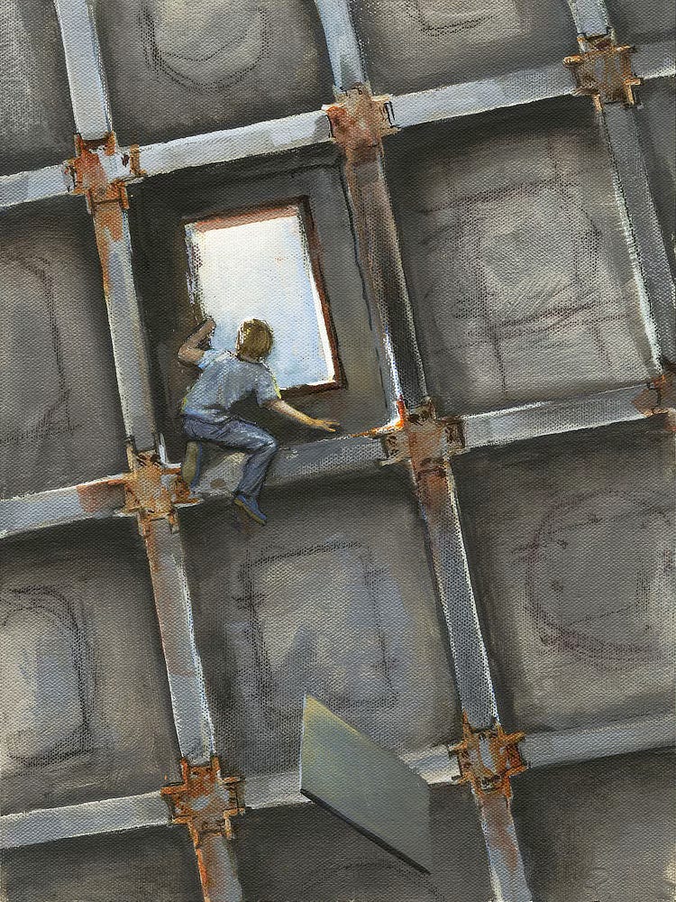 An earlier version of the painting in progress. Touches of color have been added where the concrete is joined by brackets. The shapes of the blocked doors can be seen sketched in against the gray of the concrete. The figure is in place, posed at the open window.