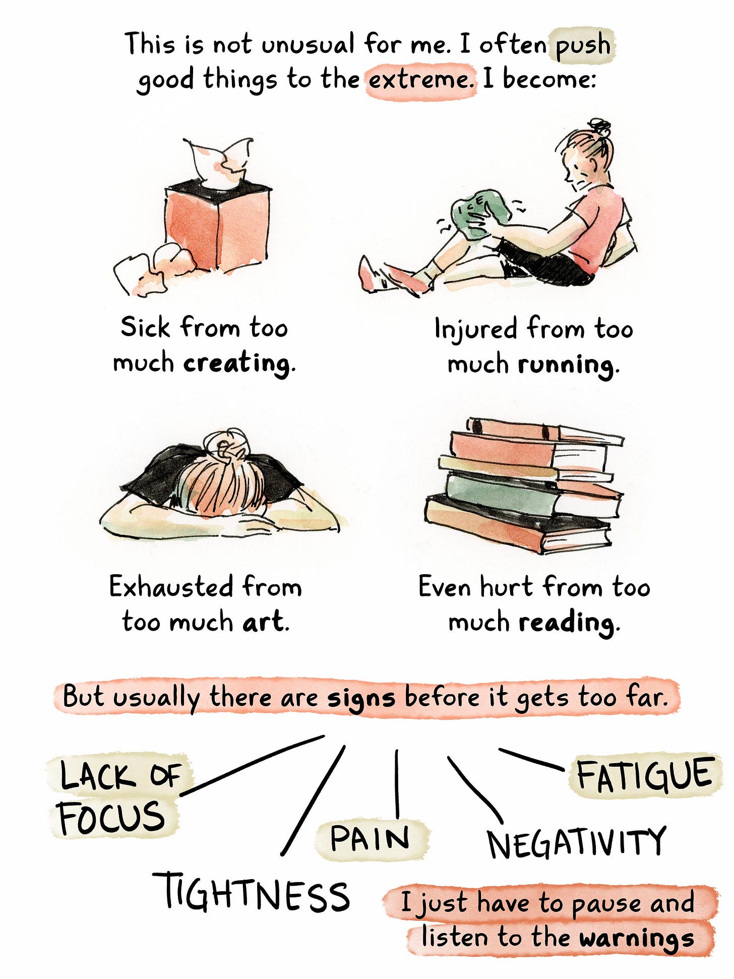 Watercolor comic page about the struggles of trying to relax by graphic novelist K. Woodman-Maynard. 