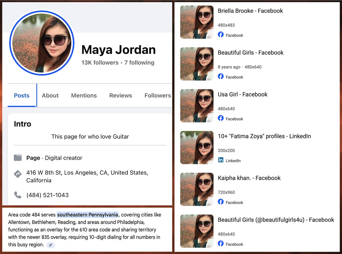 screenshot of "Maya Jordan's" Facebook profile, which features a Los Angeles address and a Pennsylvania phone number, along with reverse image search results showing that the "Maya Jordan" account's profile image is plagiarized