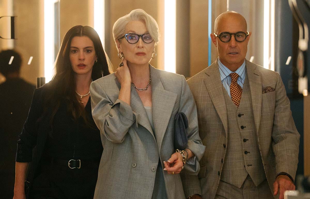 meryl streep, anne hathaway and stanley tucci in a scene from the devil wears prada 2