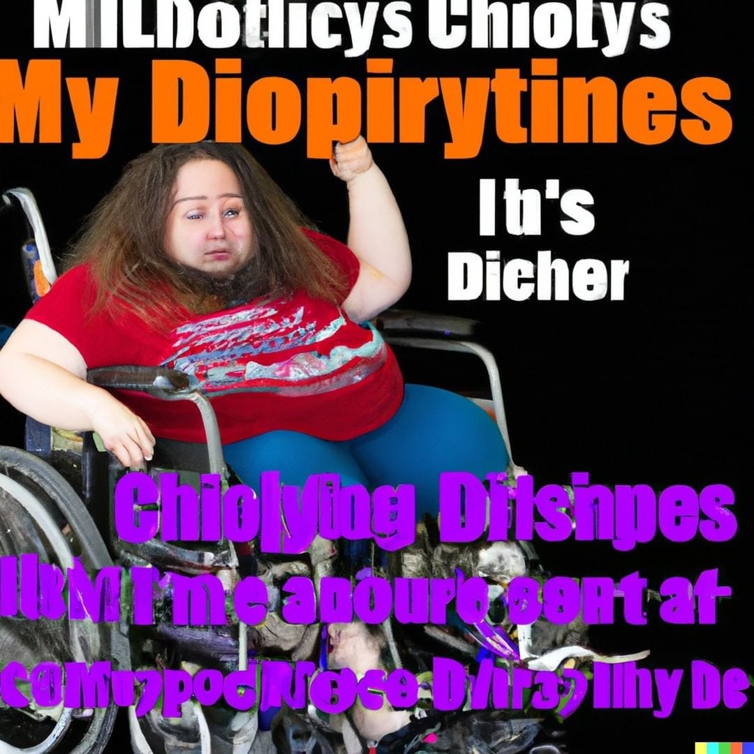 From Olivia: "If I typed in "disability" it consistently depicted a wheelchair user (mostly all white as well and usually in clunky hospital wheelchairs). Typing in "chronic illness" yielded different results, but was almost always white women. Side note also hard to tell what the AI was getting at because I think DALL-E has invented its own language? Typing in "person with chronic illness" yielded close up shots of men clutching their chests lol."