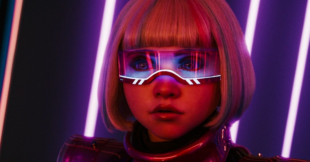 M3GAN in a bob haircut, wearing AR glasses and staring intensely in confrontation. M3GAN in a bob haircut, wearing AR glasses and staring intensely in confrontation.